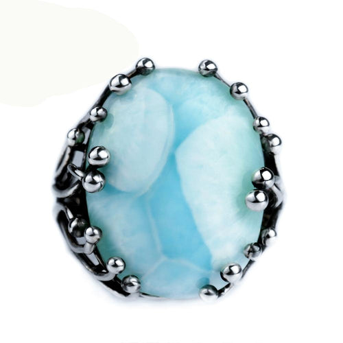 Natural Larimar 925 Sterling Silver ring blue stone fine jewelry Fantasy