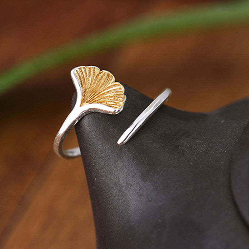 Ring 925 Sterling Ring Jewelry Ginkgo Leaf Rings For Women Vintage Silver Feather Fantasy - Carbon Fiber Gift
